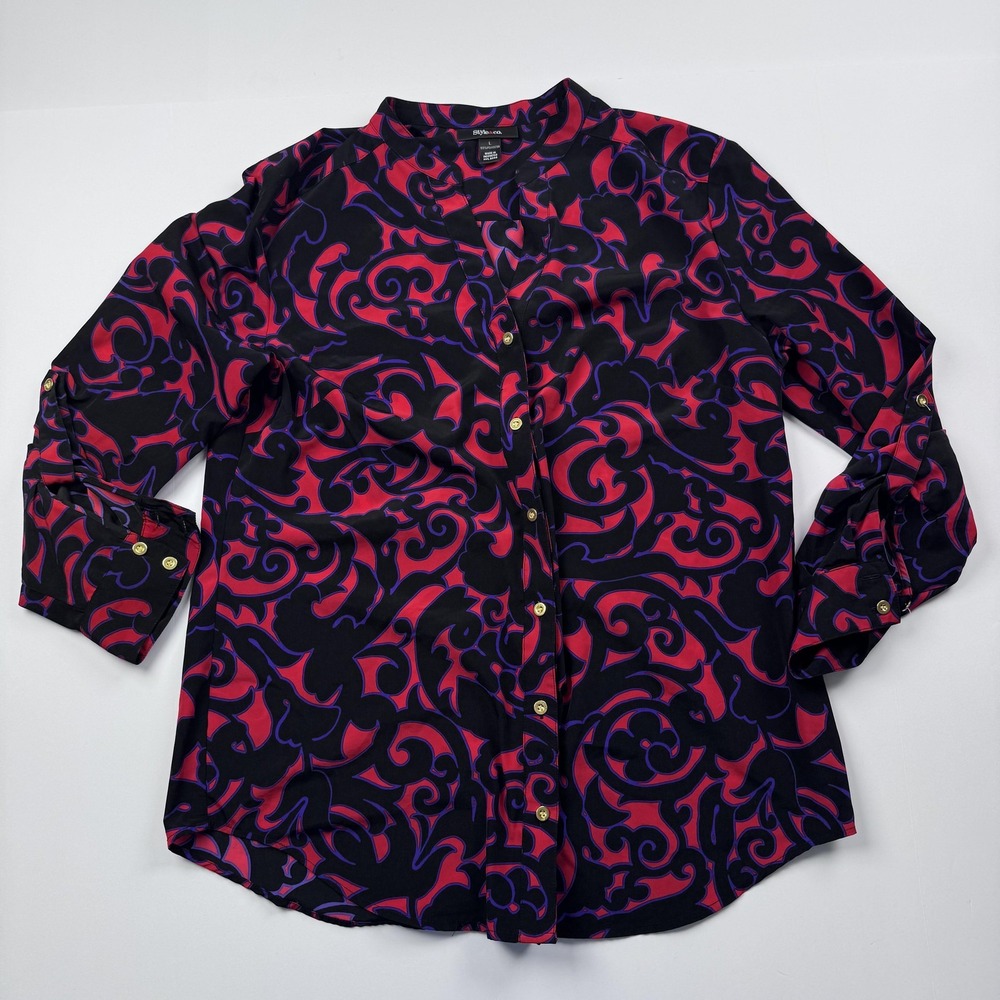 Style & Co Blouse Womens Large Black Red Scroll Print Button Front Long Sleeve